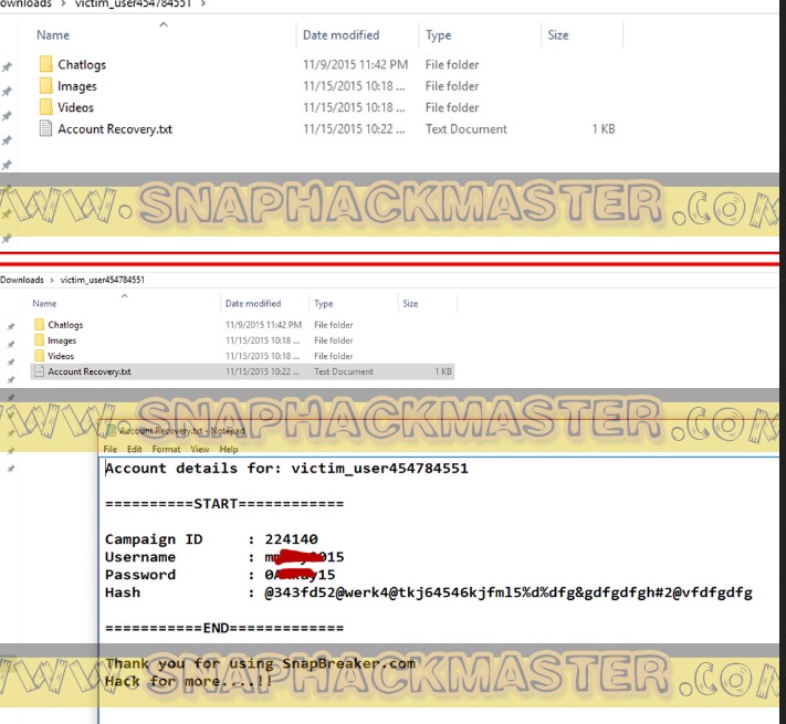 Sample files from hacking a snapchat account